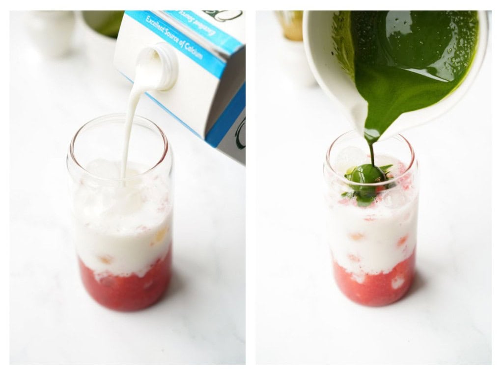 Milk is poured into a glass over the strawberry puree; then the matcha is poured over the milk.