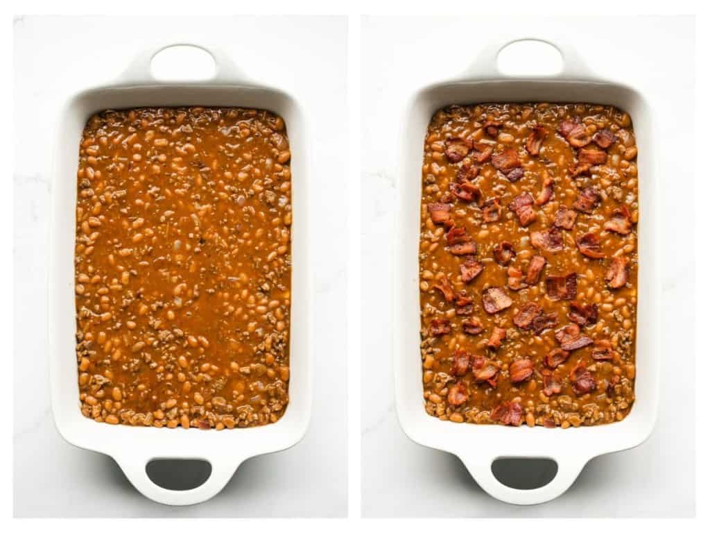 Baked beans with ground beef in casserole dish, then bacon pieces are added
