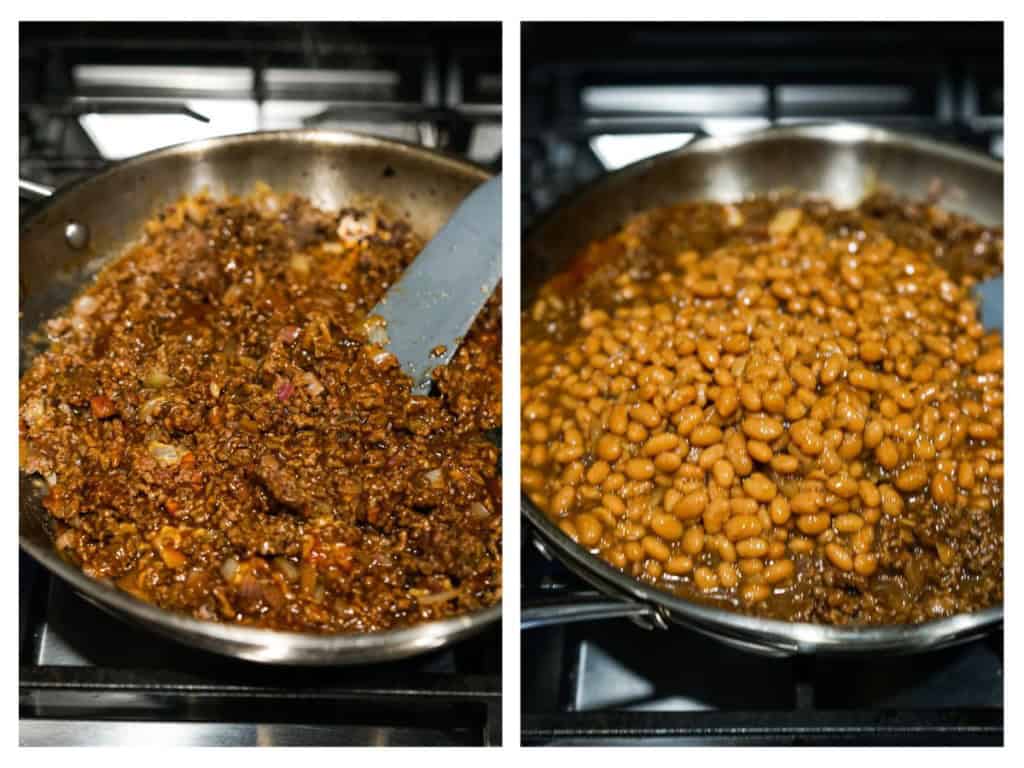 Searing ground beef and onions then adding baked beans