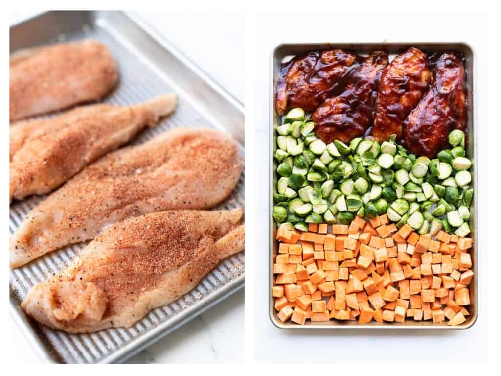 The chicken breasts are generously seasoned on both sides and then placed on a sheet pan along with diced sweet potatoes and quartered brussels sprouts. The chicken breasts are topped with BBQ sauce before being baked.