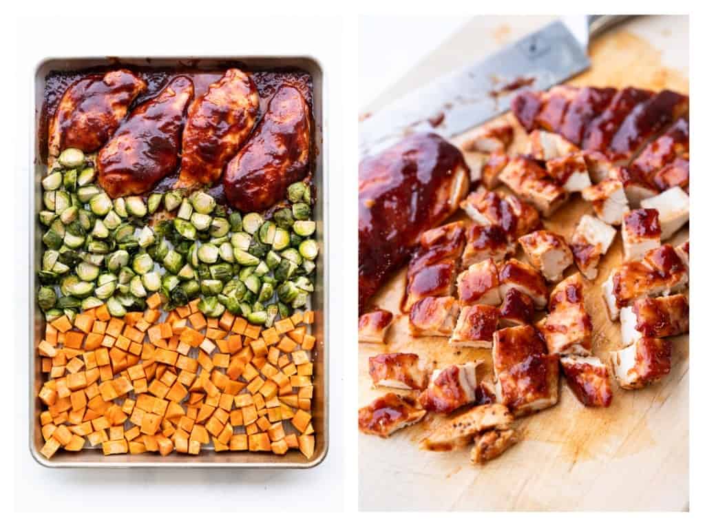 Cooked BBQ chicken, sweet potatoes, and brussels sprouts are removed from the oven. The chicken is then diced.