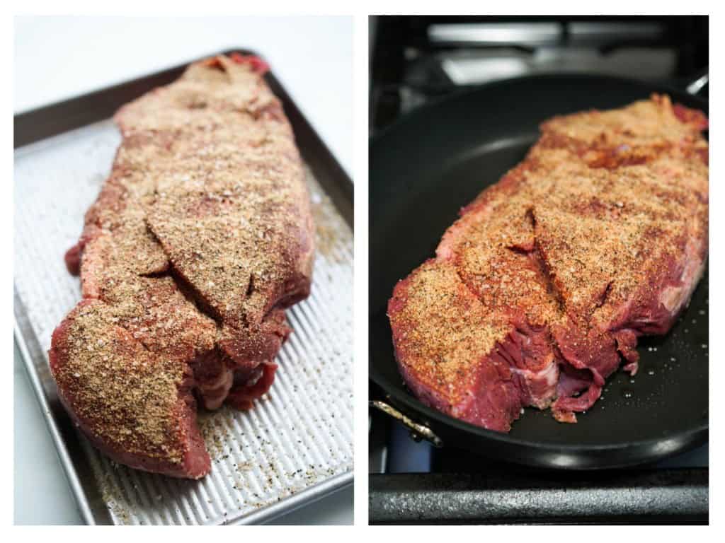 The chuck roast is generously seasoned and then seared.