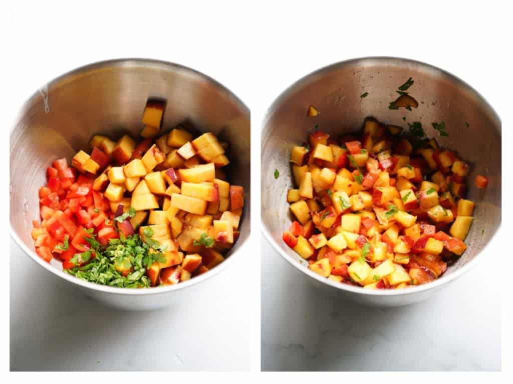 Peach salsa ingredients are added to a mixing bowl and tossed to combine.