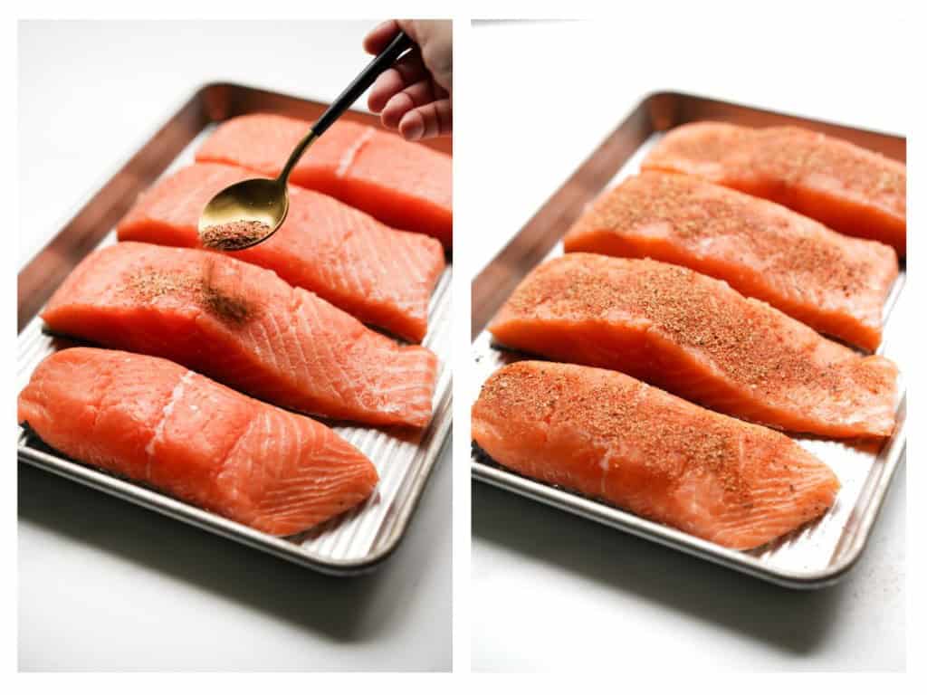 Salmon filets are sprinkled with seasoning mixture.
