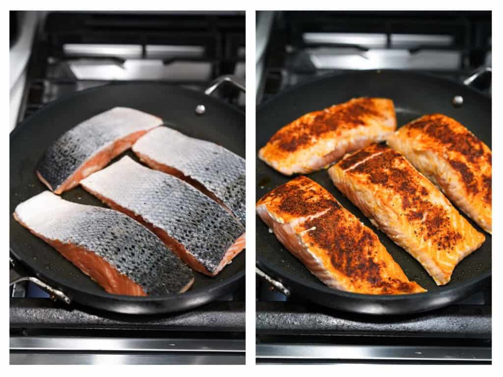 Salmon is cooked seasoned side down until browned. It is then flipped over.