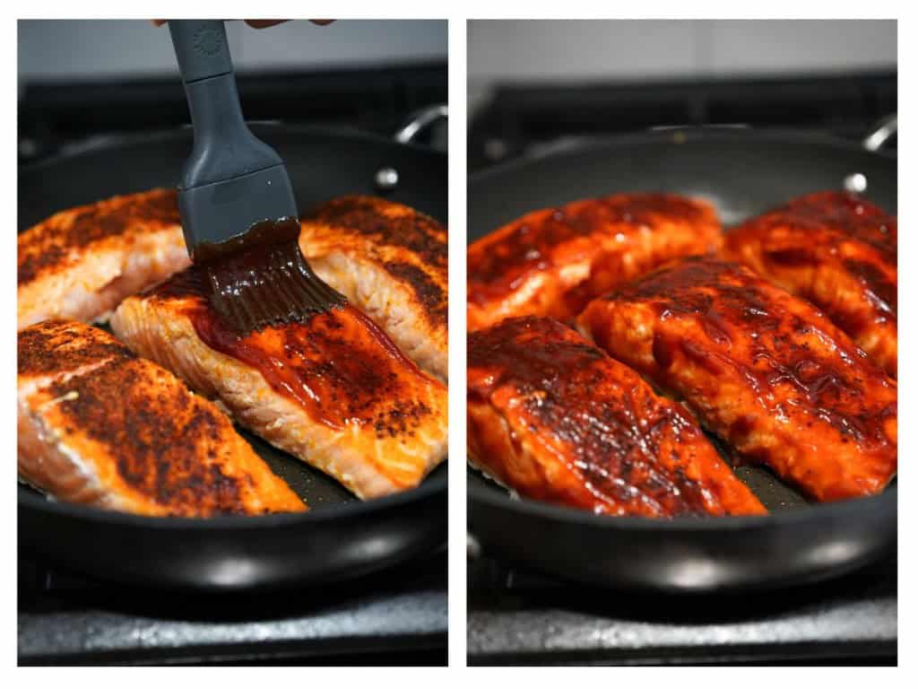 BBQ sauce is brushed onto the browned salmon and then baked until fully cooked.