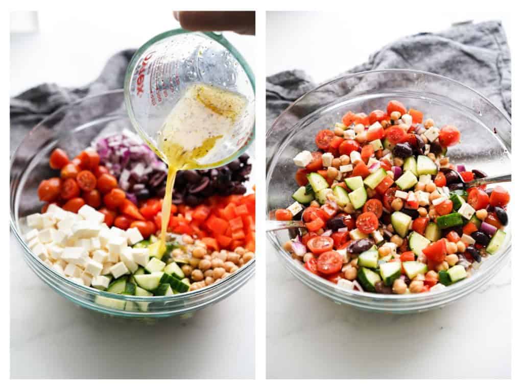 Cucumber, red onion, grape tomatoes, chickpeas, feta, kalamata olives, and red bell peppers are all added to mixing bowl. The salad dressing is poured over and then everything is tossed to fully combine.