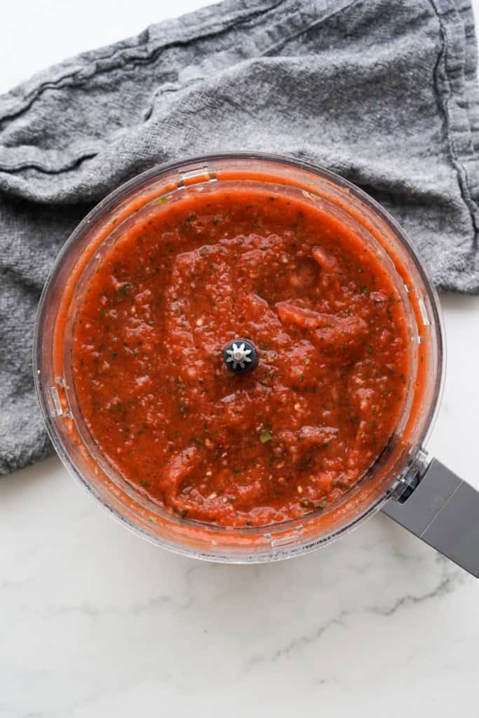 All of the salsa ingredients have been pulsed in the food processor.