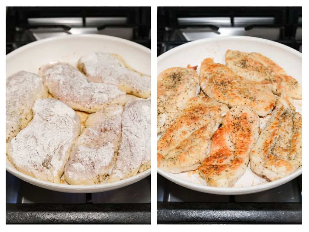 After being dredged in flour, the chicken breasts are browned in a skillet.