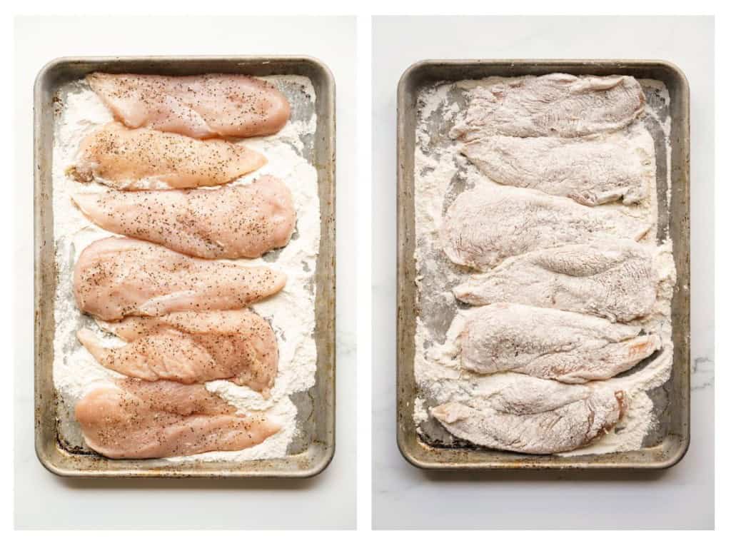 Chicken breasts are seasoned with salt and pepper and then dredged in flour.