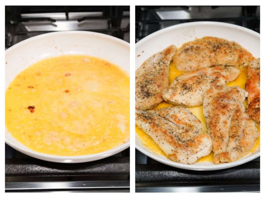 Once browned, the chicken breasts are removed from the skillet, the lemon garlic sauce is made, and, then, the chicken is returned to the skillet.