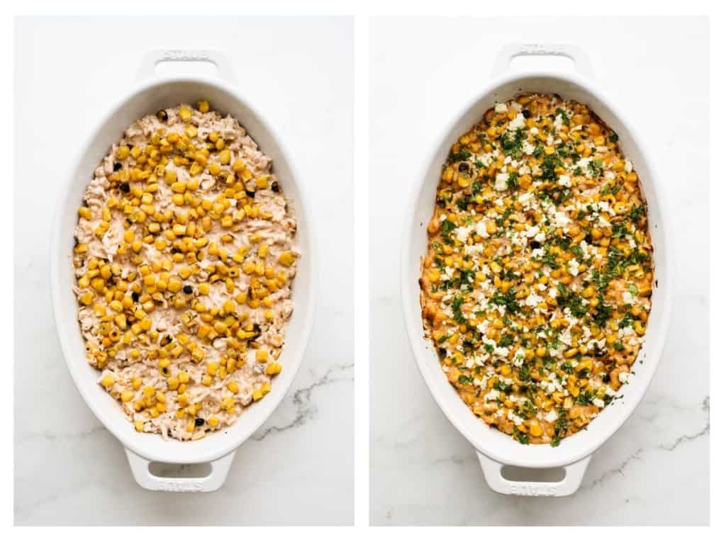 The dip is topped with reserved corn kernels before baking. After baking, the dip is topped with crumbled cotija and cilantro.