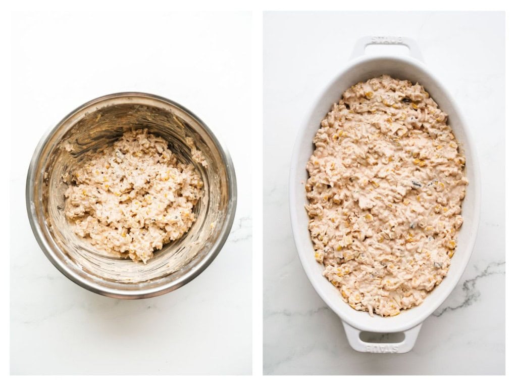 Dip ingredients are thoroughly mixed in a mixing bowl and then placed into a greased baking dish.