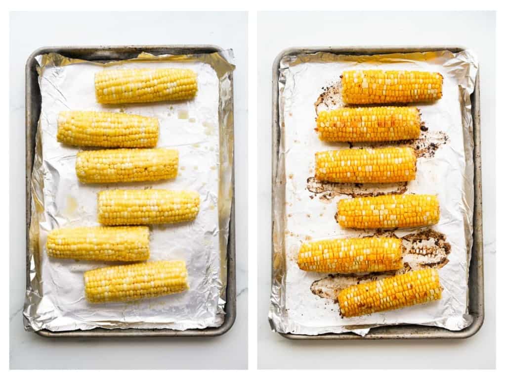 Six ears of corn on a baking sheet before and after roasting