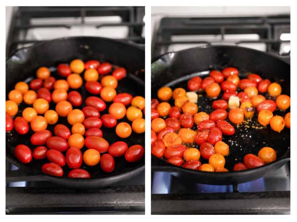 After cooking the chicken, the tomatoes are added to the skillet and cooked until they start to blister.