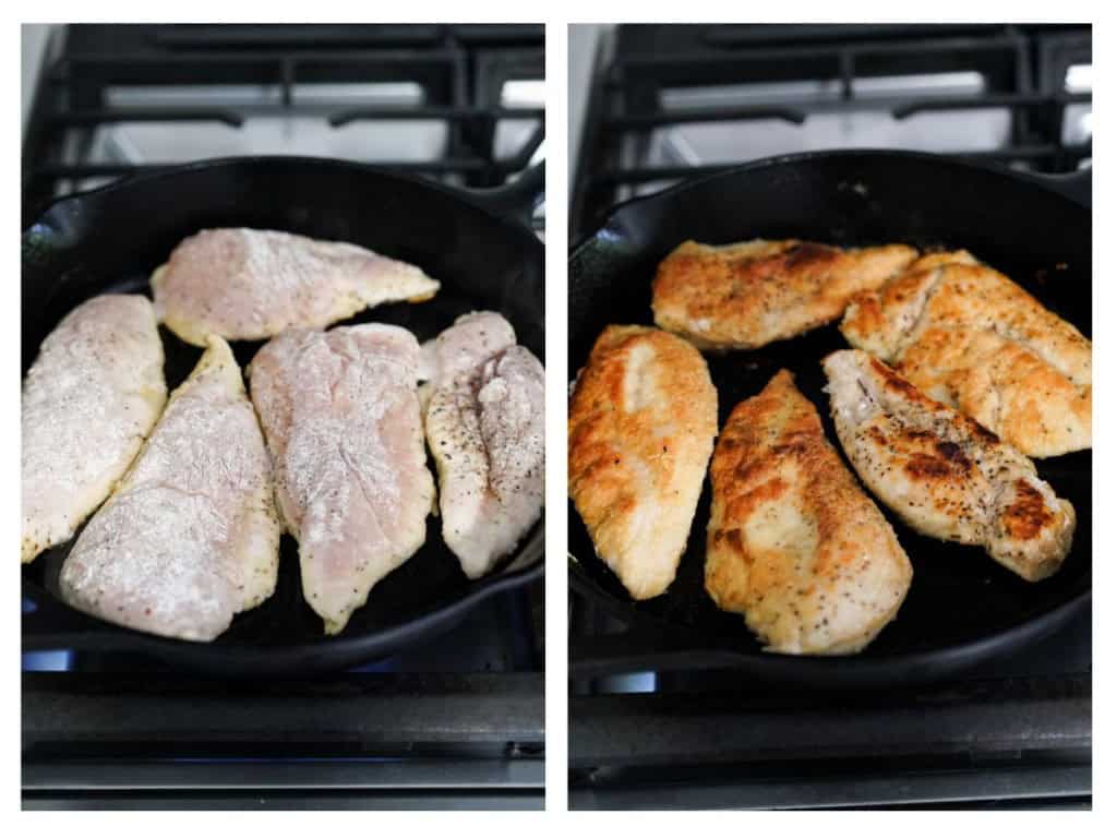 Once the chicken breasts are seasoned and dredged in flour, it is placed in the skillet and cooked through.