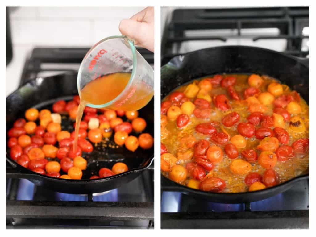 Chicken broth is added to the blistered tomatoes and simmered to make a yummy sauce.