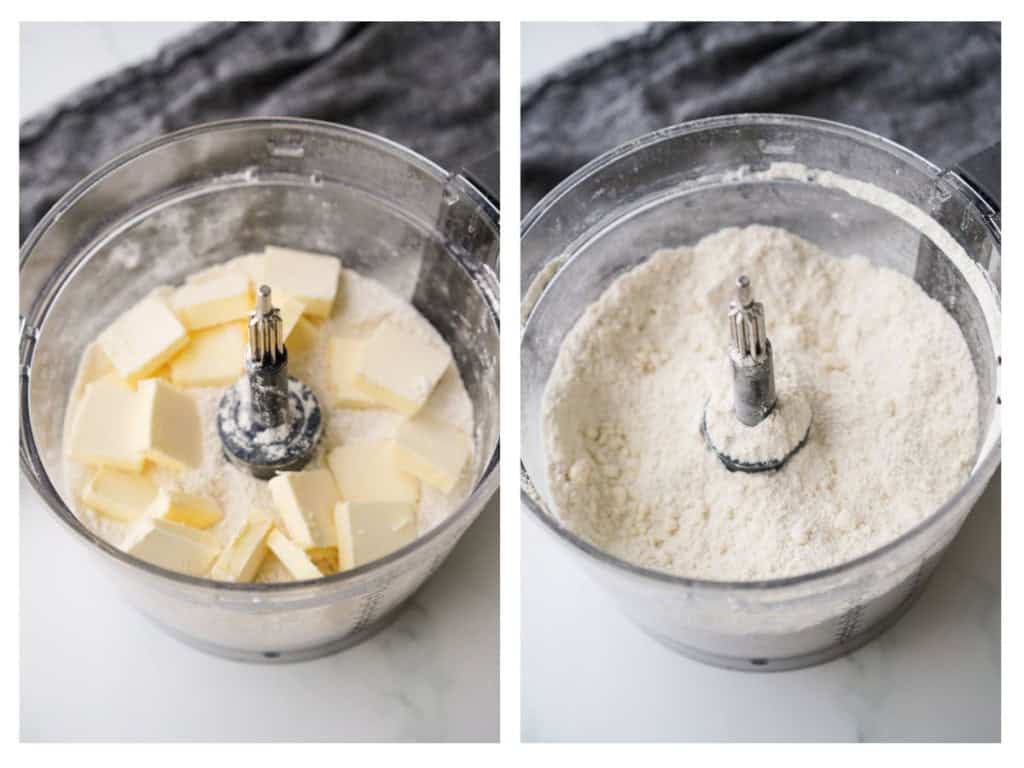 Butter is pulsed into the dry ingredients until fully incorporated and roughly pea-sized.