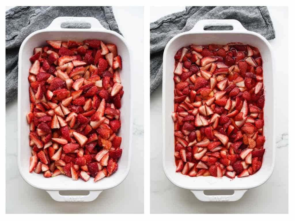 Strawberries are mixed with sugar, flour, and vanilla and then baked for 15 minutes to slightly cook them down.