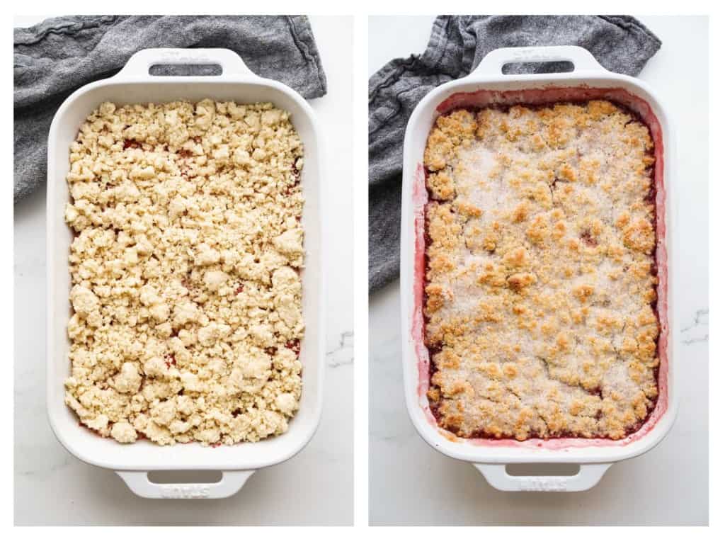 The biscuit topping is spooned over the strawberries, topped with coarse sugar and them baked.