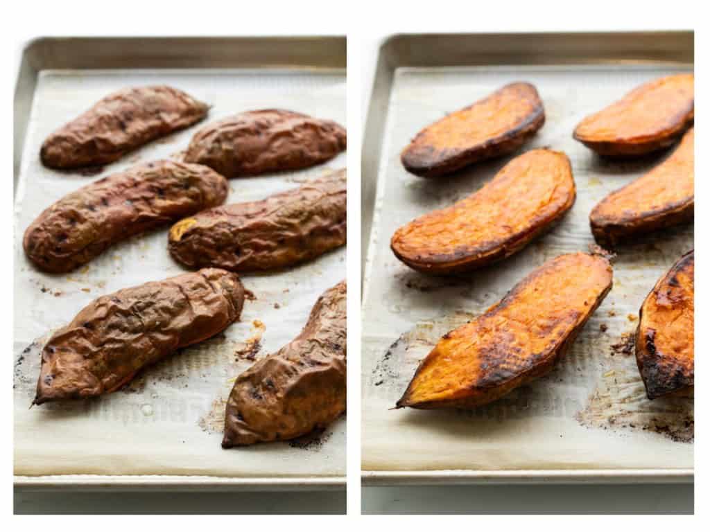 Once the sweet potatoes are finished baking, remove from the oven and flip over to cool.