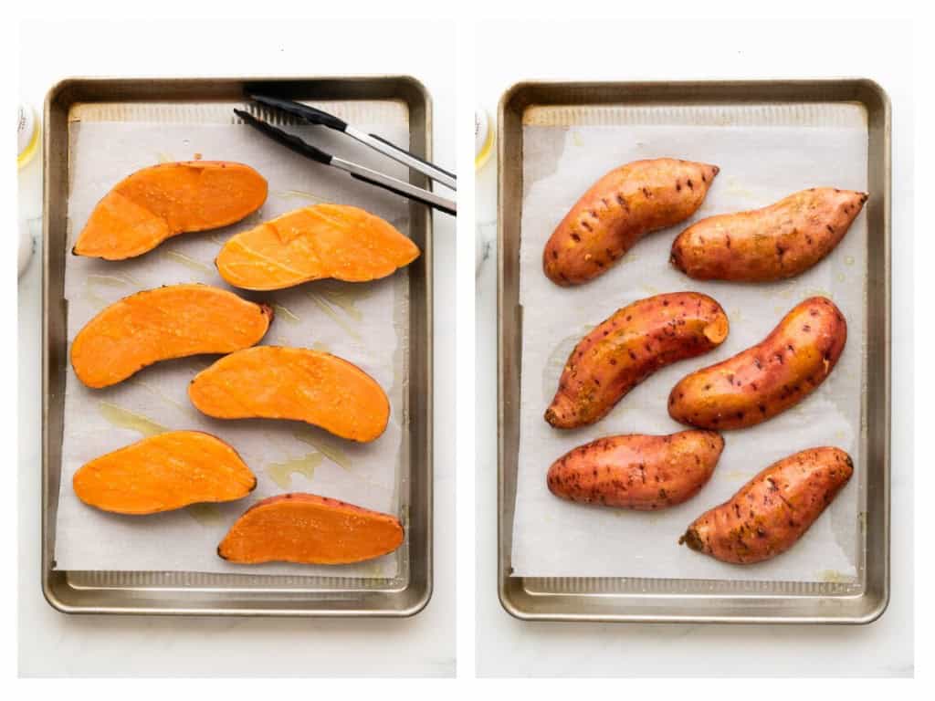 Before baking, the cut side of the sweet potato is oiled and salted. They are then flipped over and oiled.