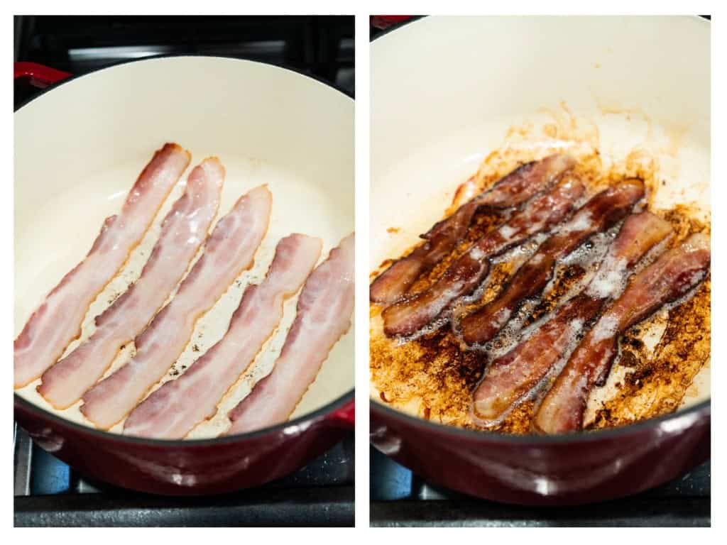 Bacon is fully cooked in the Dutch oven.