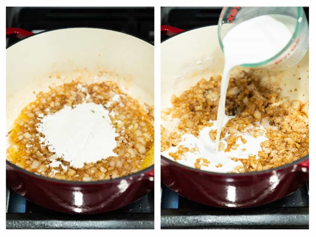 Flour is mixed in with the sauted onions and then half and half is added.