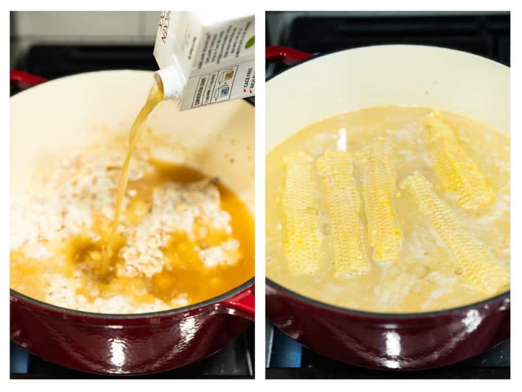 Chicken stock, corn cobs, and potatoes are added to the Dutch oven.