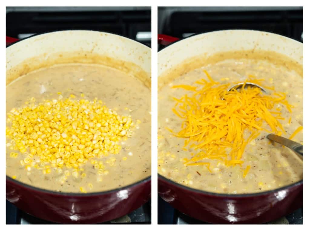 Corn kernels and shredded cheese are added to the Dutch oven.