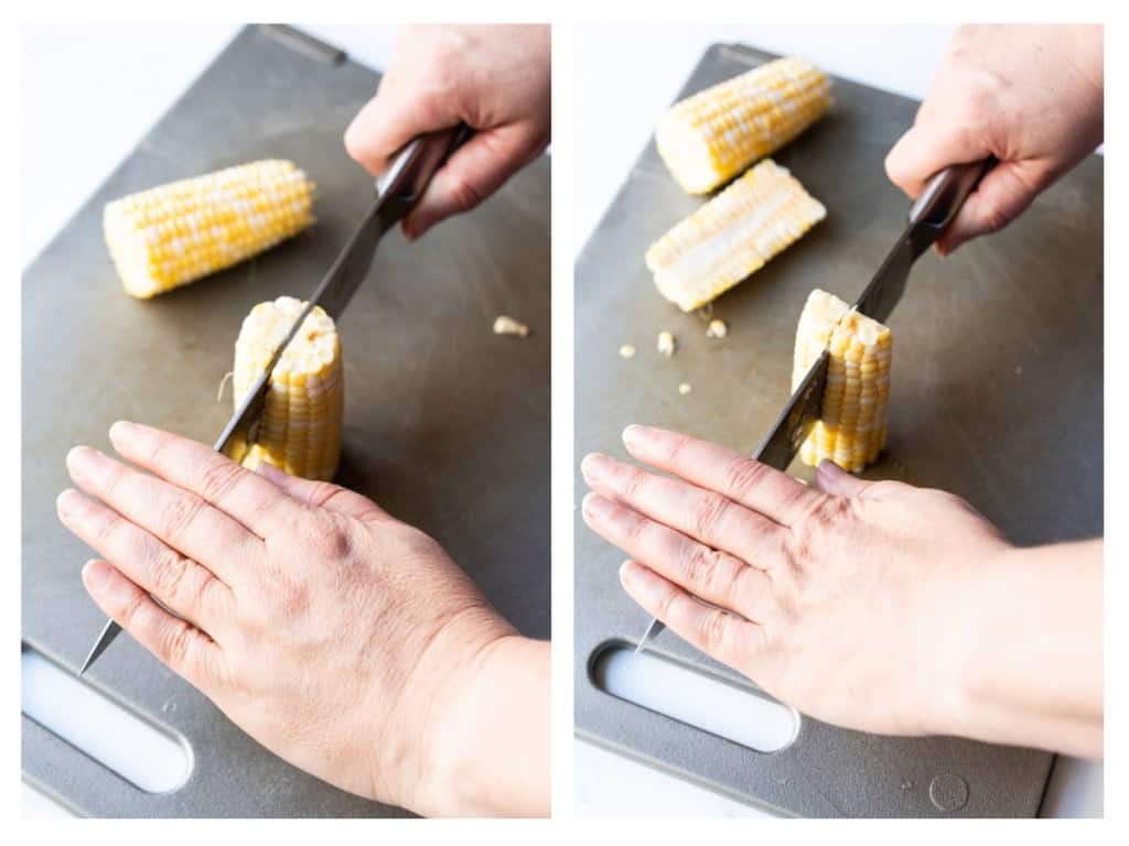 Each halved corn cob is stood upright and halved two more times.
