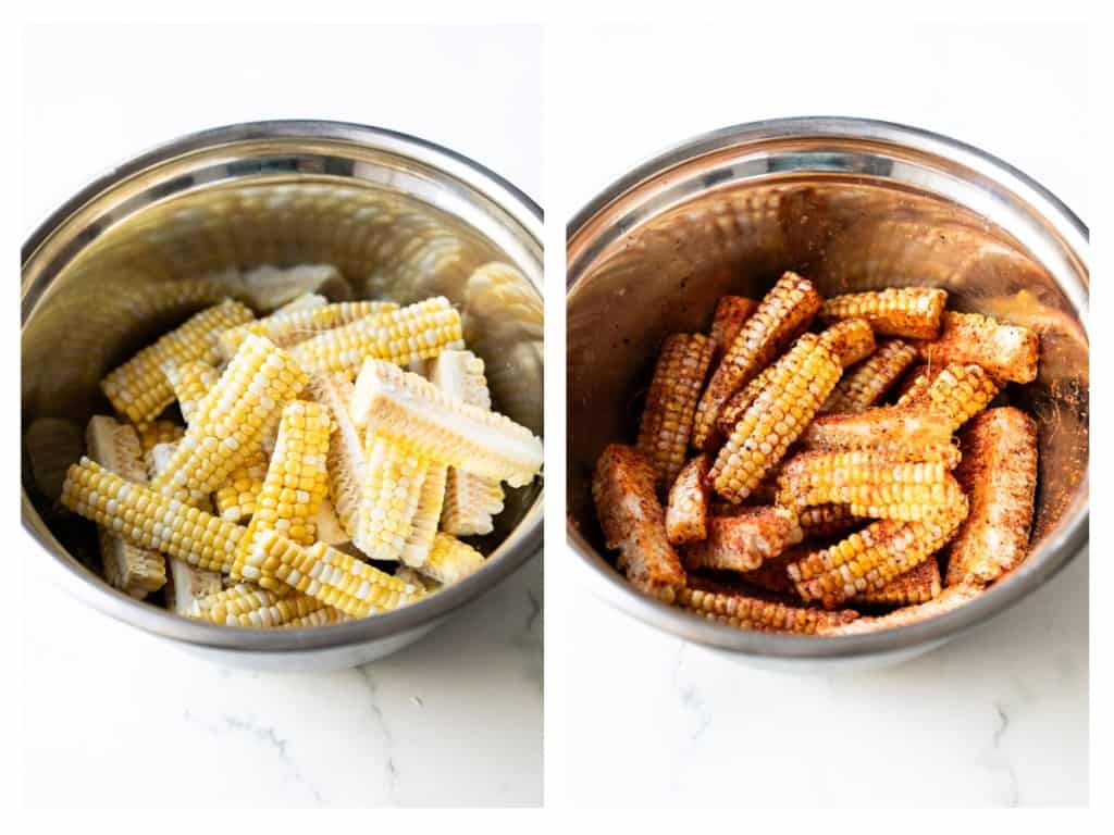 Corn ribs are placed in a mixing bowl and then tossed with seasoning mix and cooking oil.