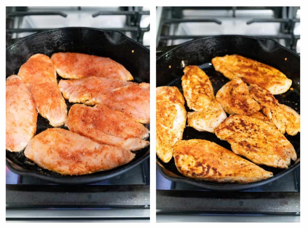 Chicken is cooked thoroughly in a hot skillet making sure to flip half way through cooking.