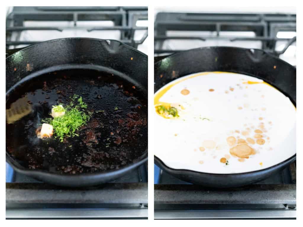 Mince garlic and lime zest are added to the skillet once the chicken is removed. Coconut milk is then added.