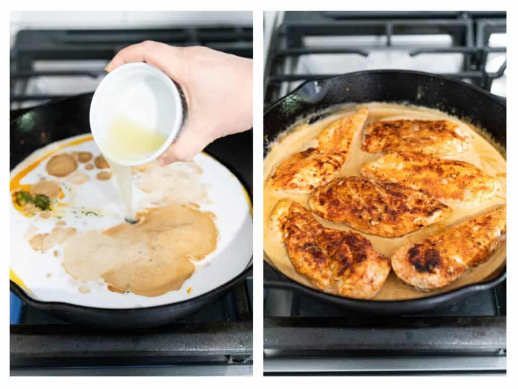Lime juice is added to the skillet. After simmering, the chicken breasts are returned to the skillet.