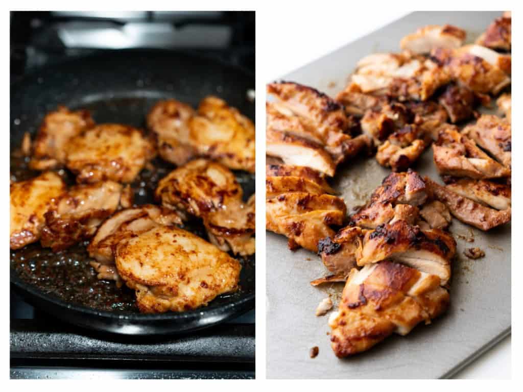 After marinating, the chicken thighs are thoroughly cooked. Once fully cooked, slice the chicken thighs.