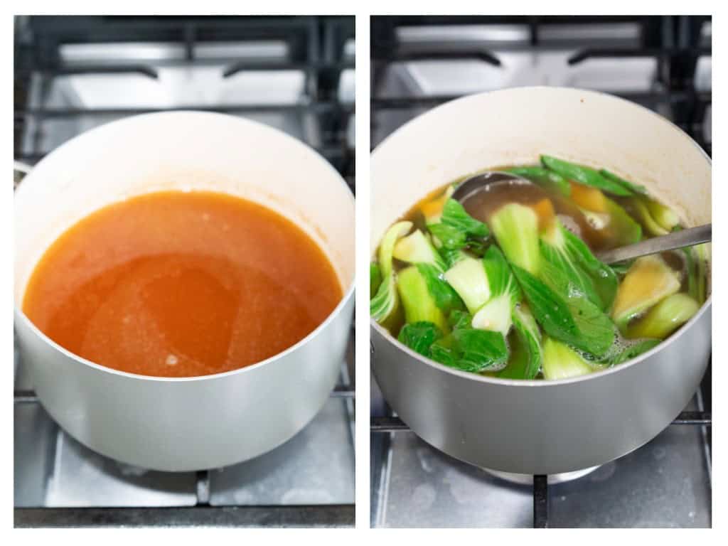 Broth ingredients are simmered in a medium sauce pot. Bok choy is added and cooked just until it begins to soften.