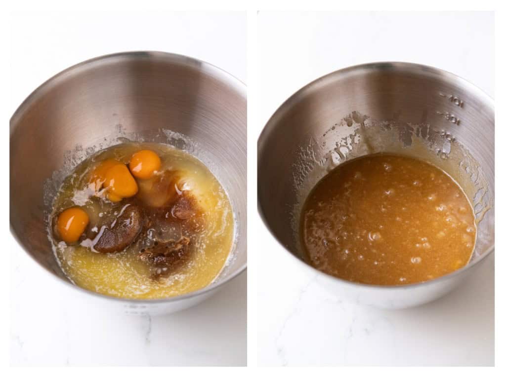Wet ingredients are added to a mixing bowl and then mixed together.