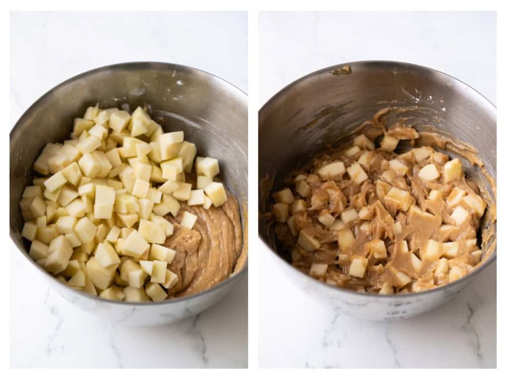 Diced apples are folded into the cake batter.