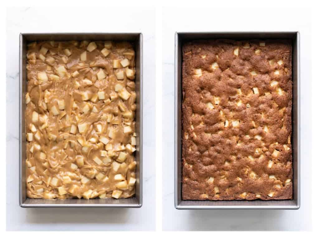 The cake batter is transferred to a cake pan and the fully cooked.