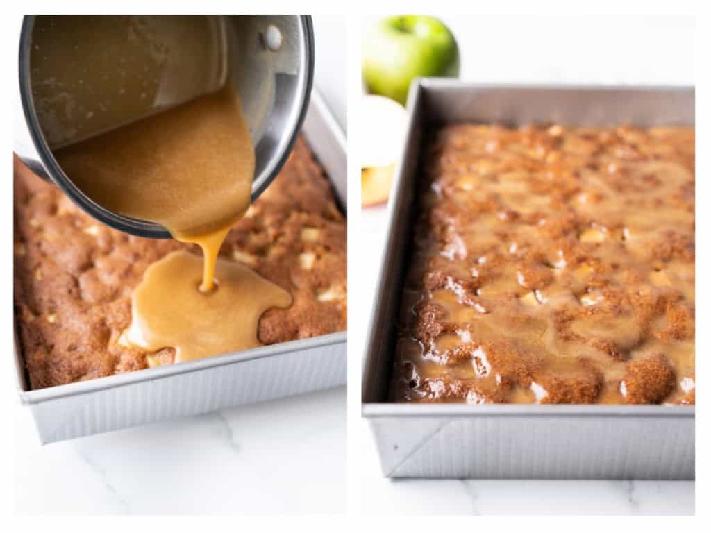 Caramel sauce is poured over a cooled apple cake.