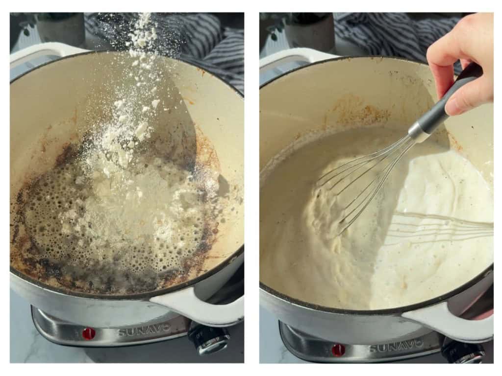 Two process photos for a soup recipe. The left panel shows adding flour to a pot; the right panel shows a creamy liquid being whisked to make a roux or sauce.