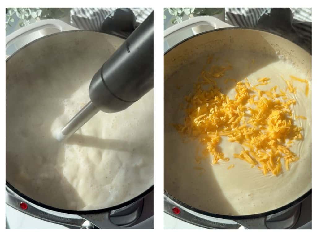 Two side-by-side process photos: blending soup with an immersion blender on the left, and adding shredded cheddar cheese to the pot on the right.