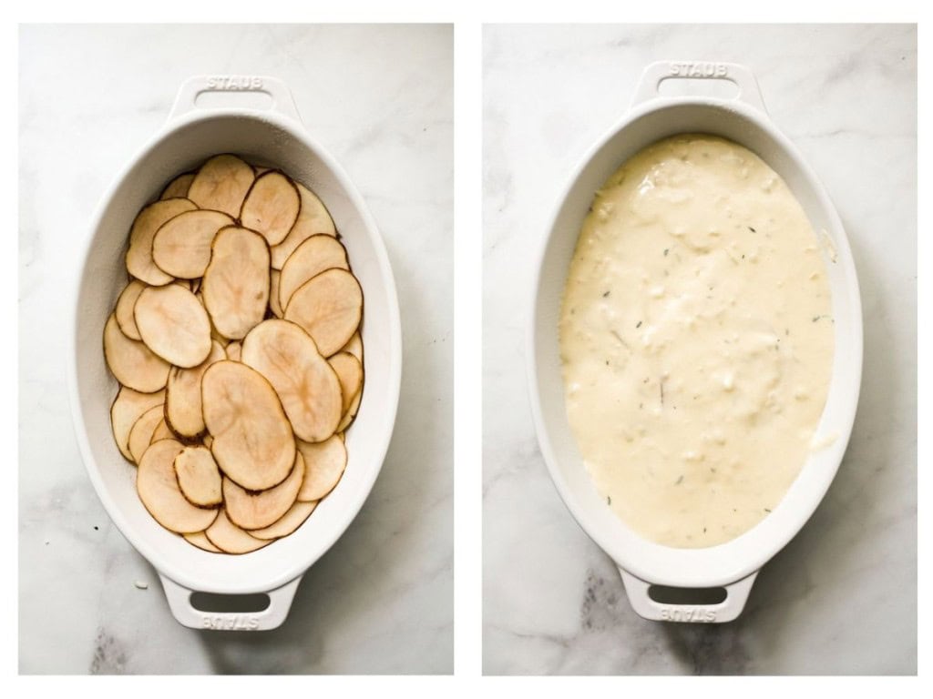 A two-panel photo showing the process of layering potatoes: first, sliced raw potatoes arranged neatly in a baking dish, followed by the potatoes covered in a rich cheese sauce.