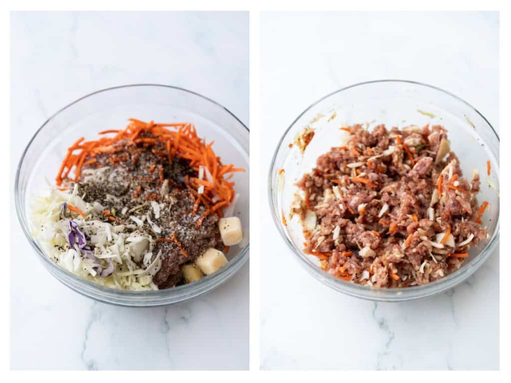 Filling ingredients are added to a bowl and mixed to combine.