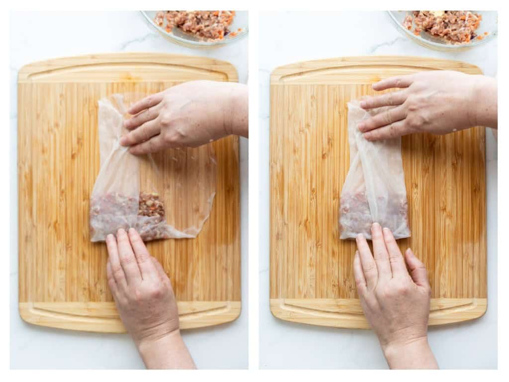 The left side of the rice paper wrapper is folded in, followed by folding in he right side of the rice paper wrapper.