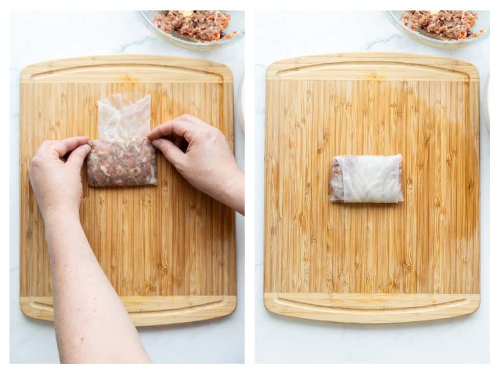 The filling is then rolled up from the bottom to make and envelope shape.