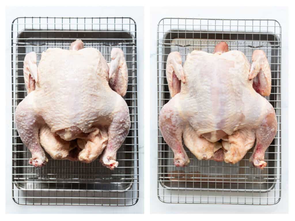 A whole chicken is dry brined 12-24 hours.