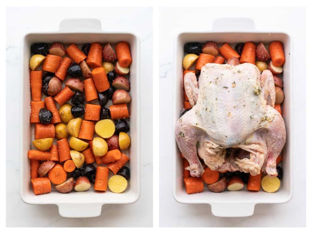 Carrots and potatoes are tossed in oil and salt after being added to a baking dish. The whole chicken is then placed over the vegetables.