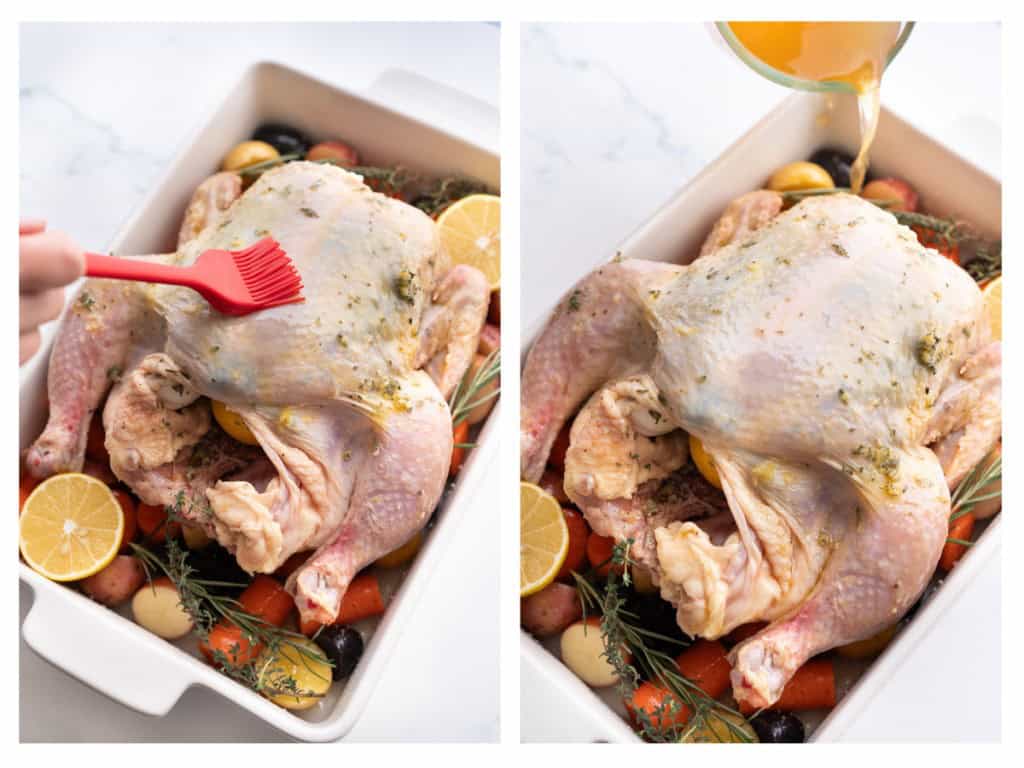 Oil is brushed on the skin of the chicken and chicken stock is added to the baking dish.